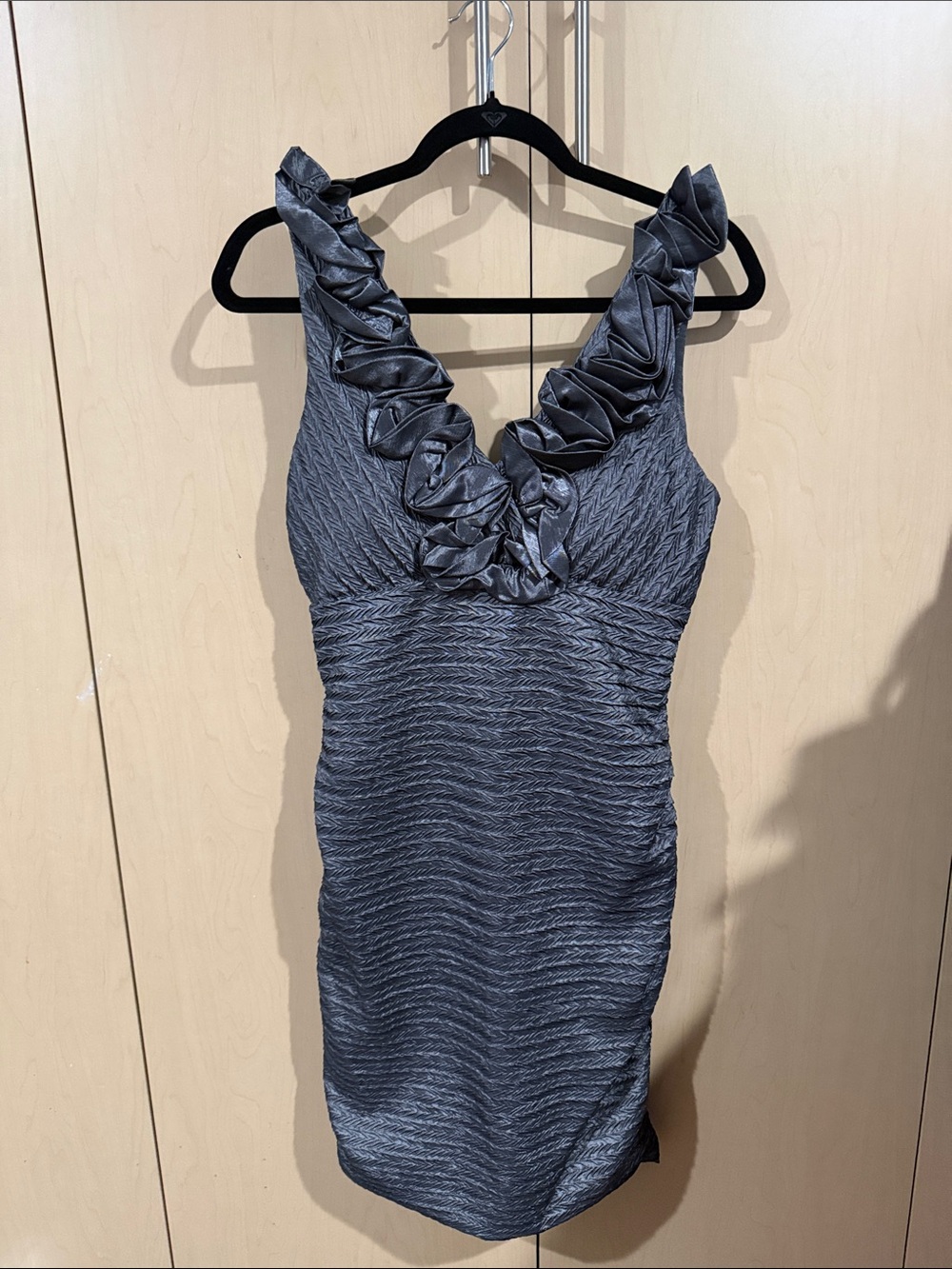 Romantic Romeo & Juliet Couture Charcoal Ruffled V-Neck Mini Dress